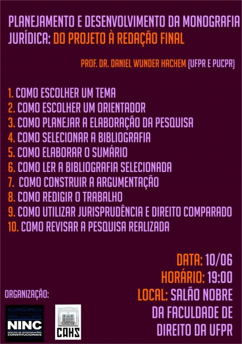 Palestra - Planejamento e desenvolvimento da monografia jurdica: do projeto  redao final - UFPR (Curitiba - PR)